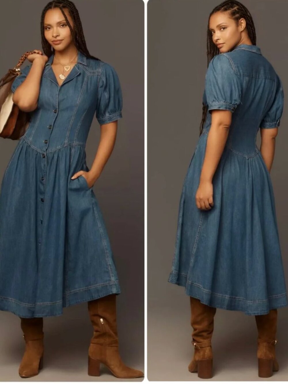 Anthropologie PILCRO Button-Front Short-Sleeve Denim Midi Dress Blue Size 2